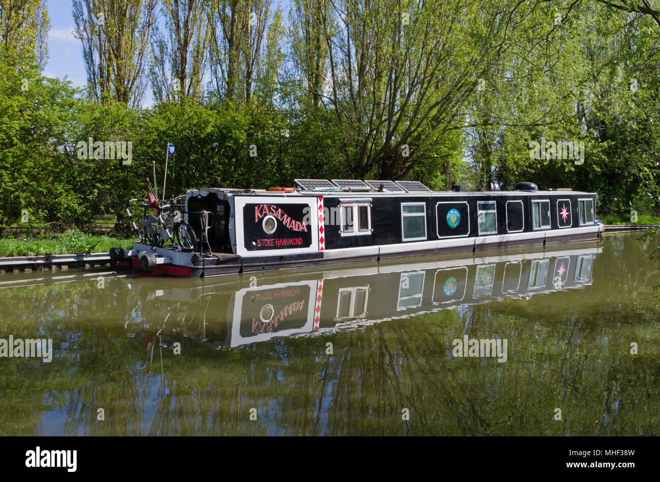 A narrowboat moored on the Grand Union Canal, Campbell Park, Milton Keynes, UK Stock Photo