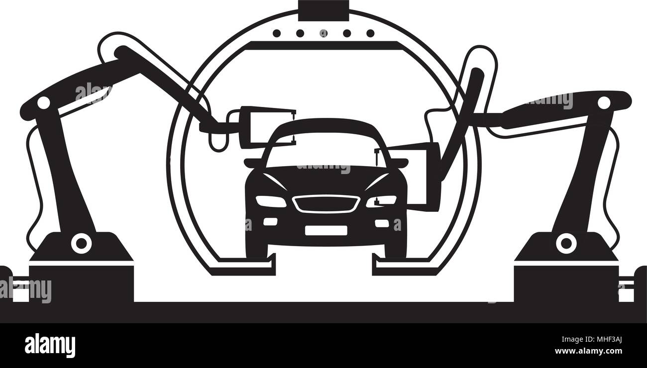 Robots weld car bodies at assembly line vector illustration Stock