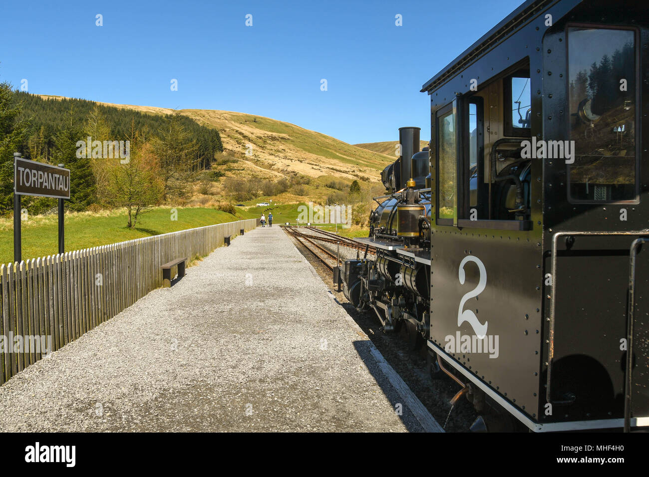 Steam engine on the Brecon Mountain Railway at the terminus station at