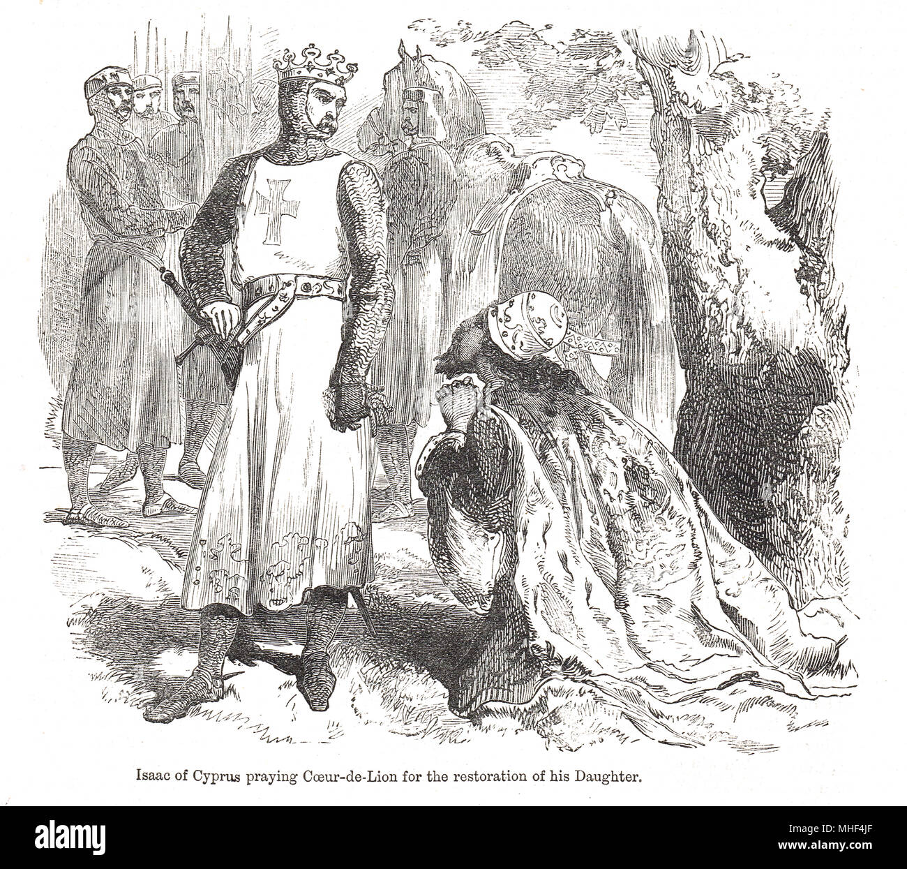 Isaac Komnenos, Isaac of Cyprus pleading with King Richard I, praying for the restoration of his daughter, the Damsel of Cyprus, Conquest of Cyprus 1191 Stock Photo