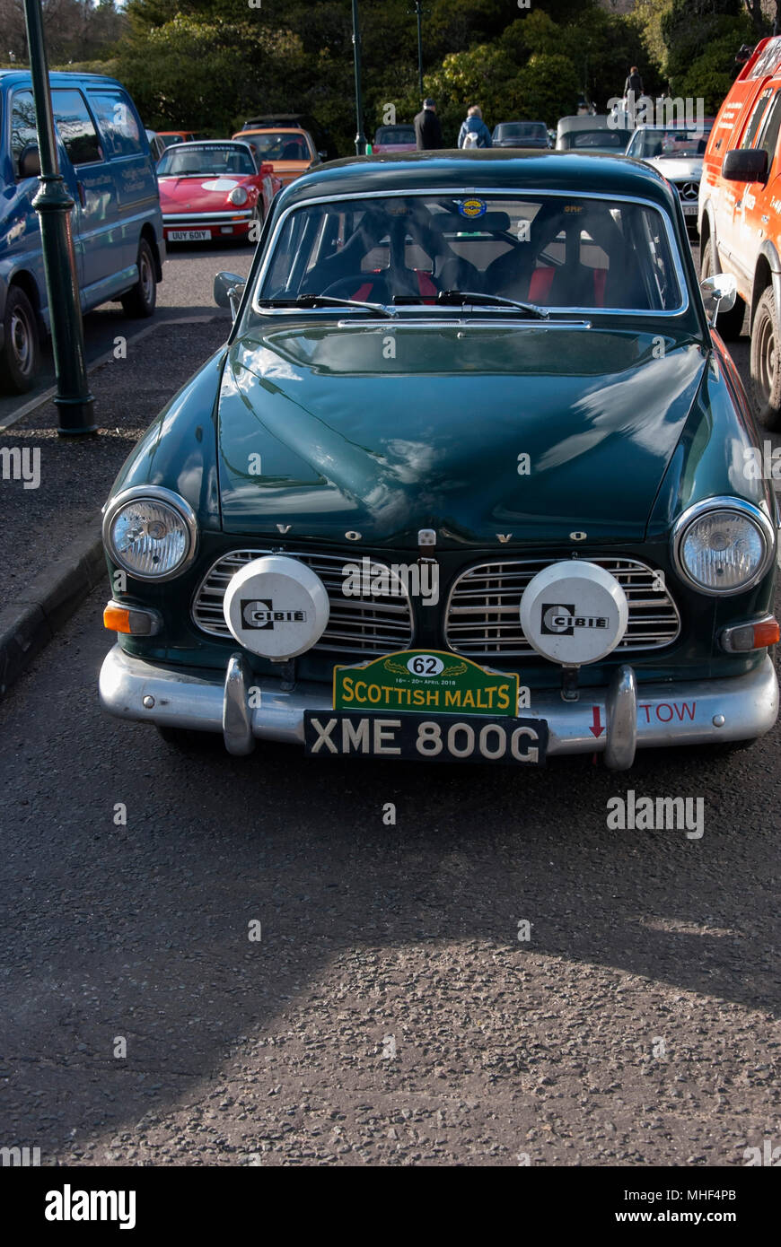 1969 Green Volvo Amazon Rally Car front portrait view of green 1969 right hand drive swedish rally prepared saloon car automobile vehicle parked stati Stock Photo