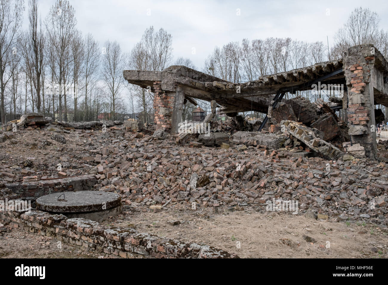 Photograph of the remains of crematorium at Auschwitz Birkenau Nazi Concentration Camp. Crematoria were blown up by the Germans at the end of WW2. Stock Photo