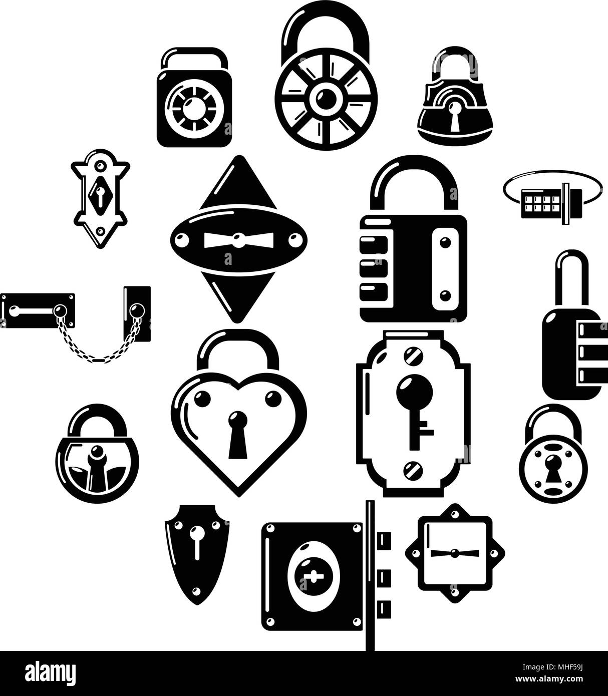 Lock door types icons set. Simple illustration of 16 lock door types