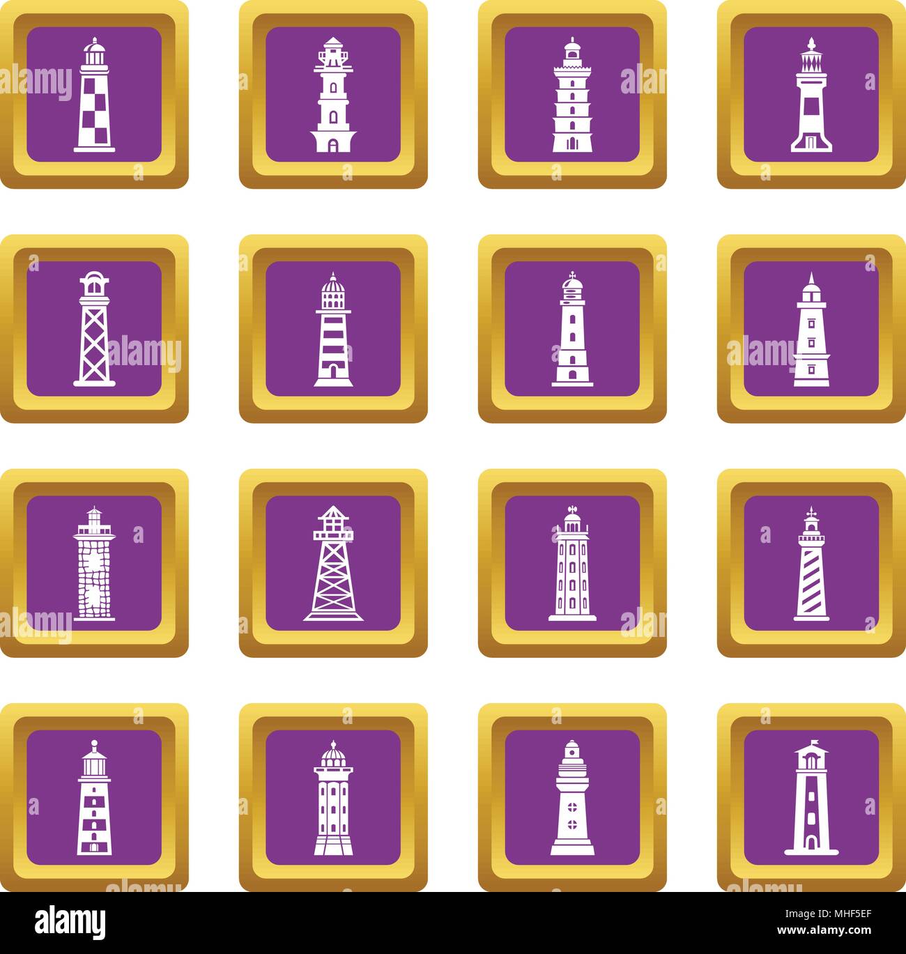 Lighthouse icons set vector purple square isolated on white background Stock Vector