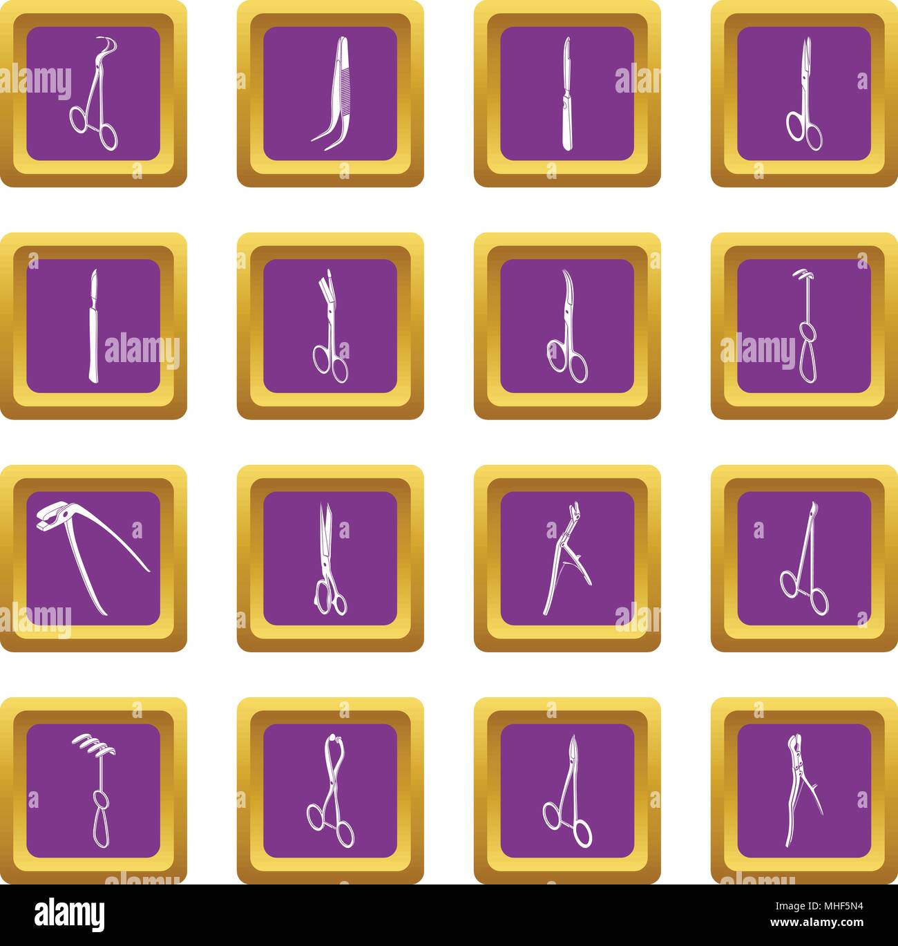 Surgeons tools icons set vector purple square isolated on white background Stock Vector