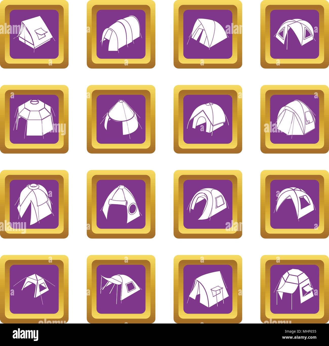 Tent forms icons set vector purple square isolated on white background Stock Vector
