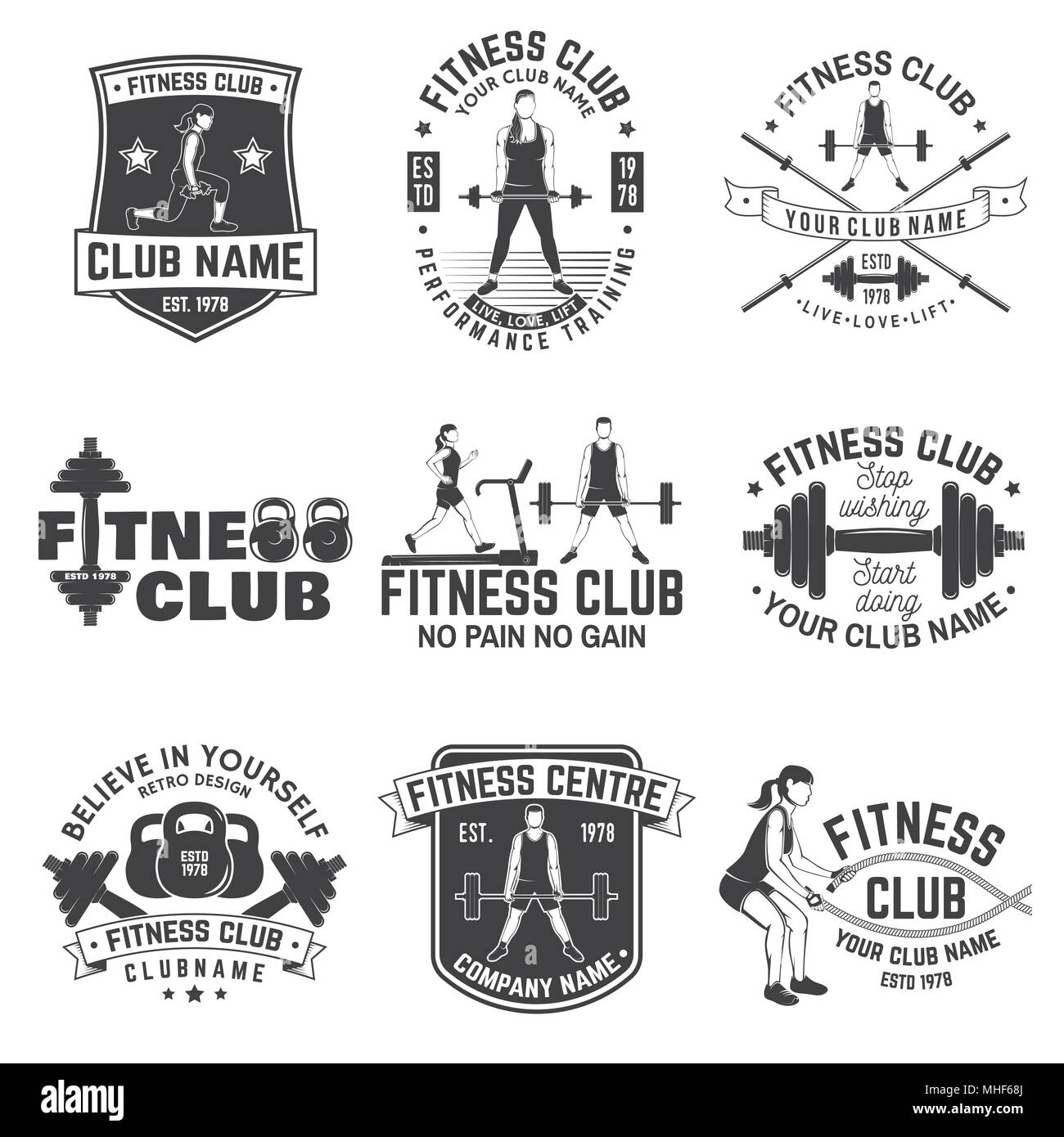 Fitness Club Badges Vector For Fitness Centers Emblems Gym Signs And Others Girl Run On The Treadmill Machine Girl With Battle Ropes Women Worko Stock Vector Image Art Alamy
