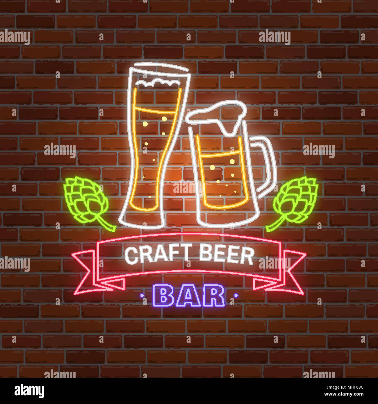 Retro neon Beer Bar sign on brick wall background. Vector illustration. Neon design for bar, pub or restaurant business. Craft beer. Stock Vector