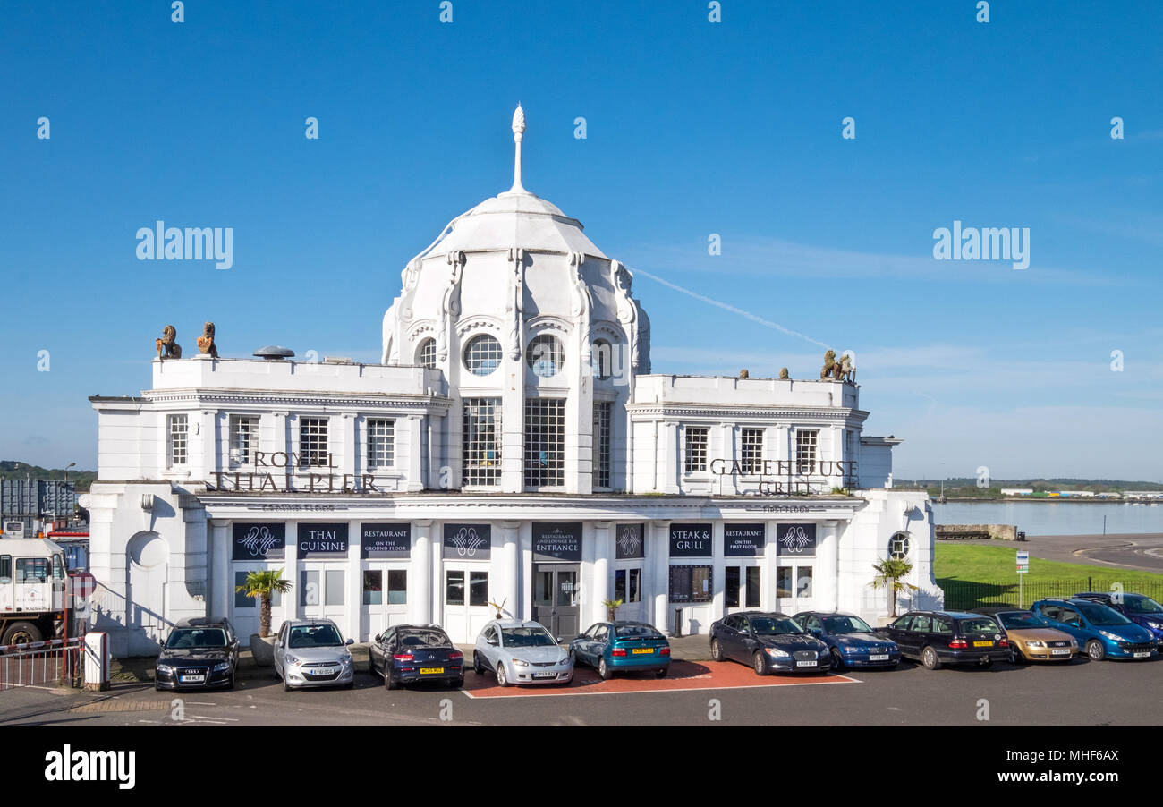 Southampton Royal Pier, next to Mayflower Park Southampton. The pier gatehouse is home to Kuti's Thai Restaurant Stock Photo