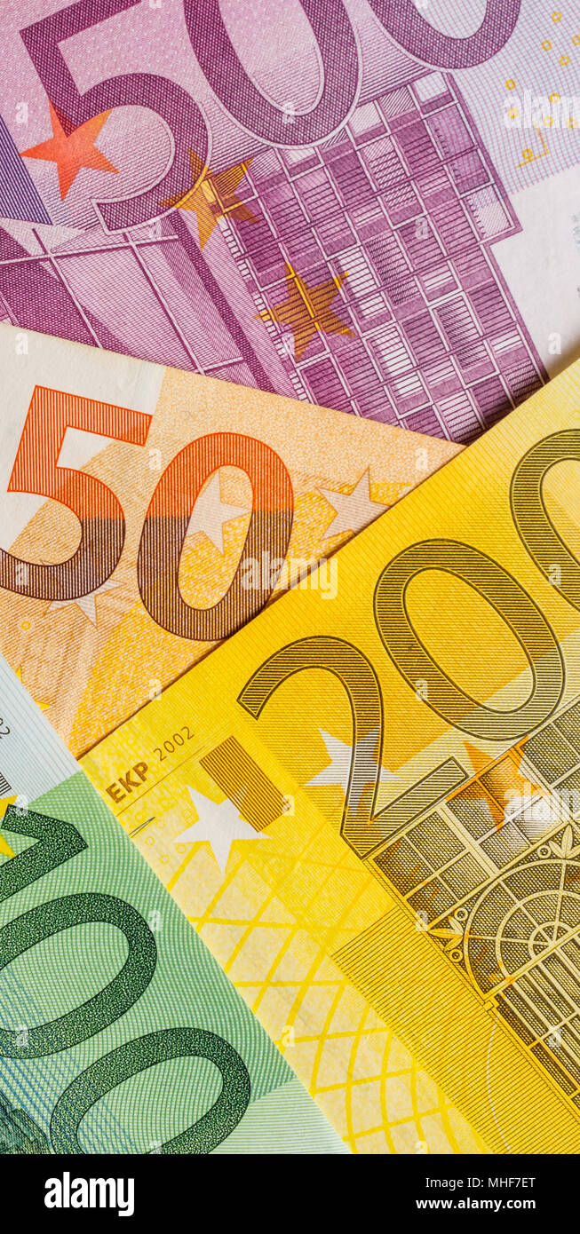 Background of euro bills. Shallow focus. Stock Photo