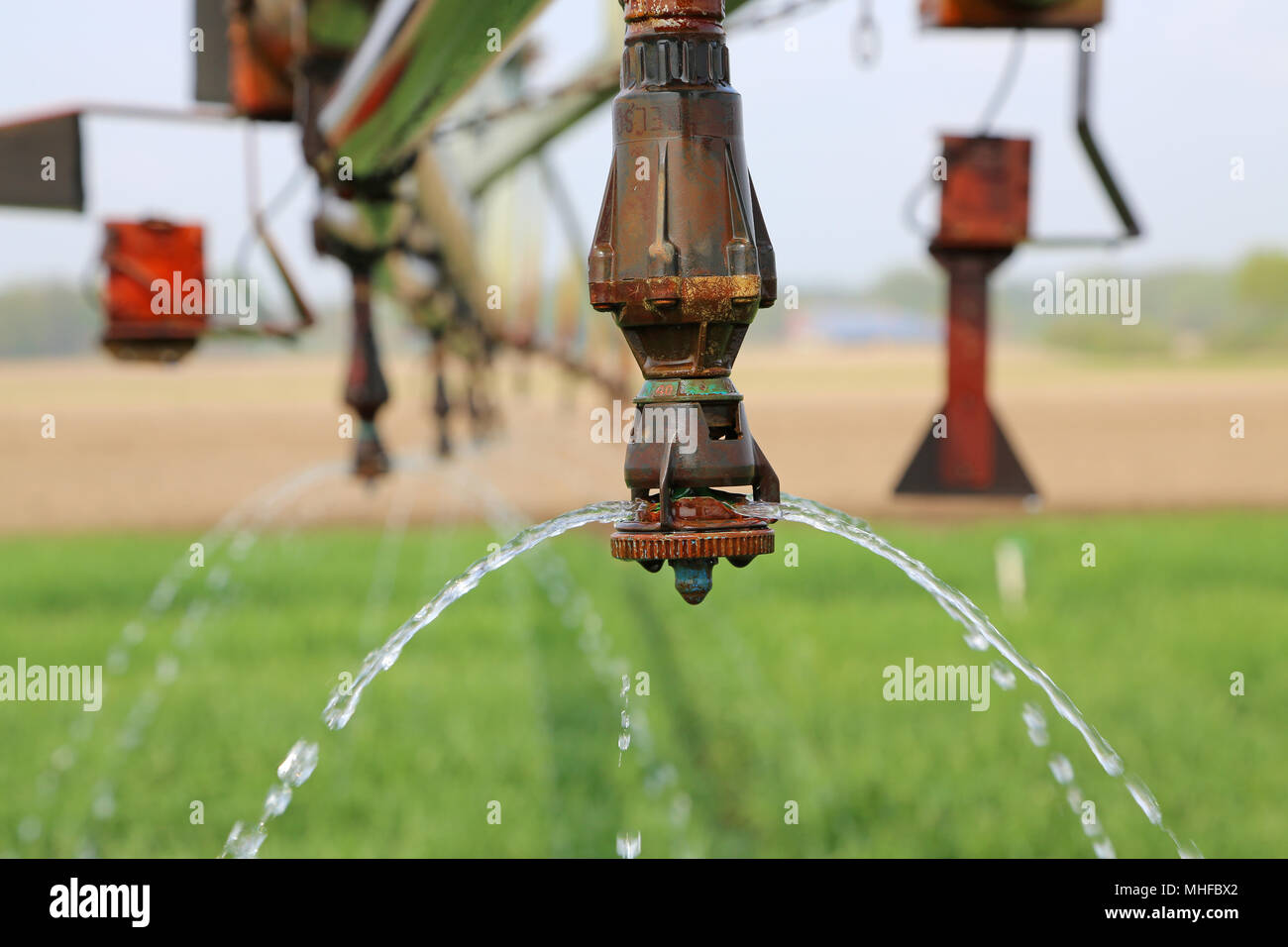 Wasser rinnt aus Beregnungsdüse Stock Photo
