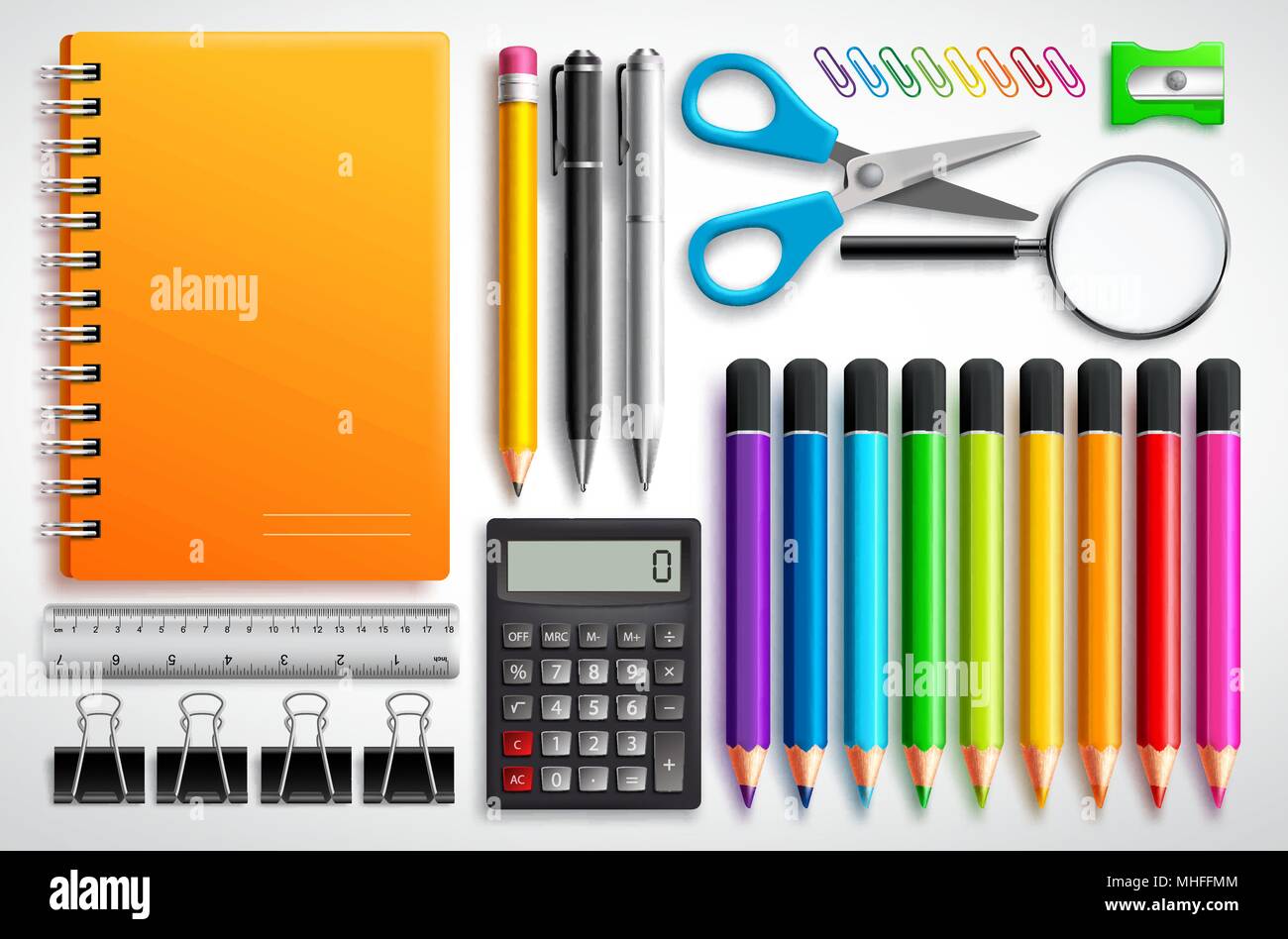 School supplies vector set with color pencils notebook, pens and office supplies in white background. Education elements for back to school design. Stock Vector