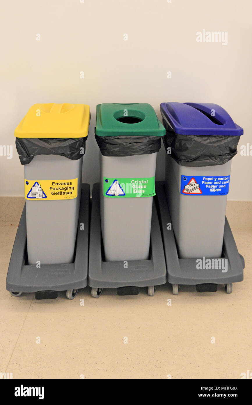 Recycling bins inside hotel, Cala Bona, Mallorca Stock Photo