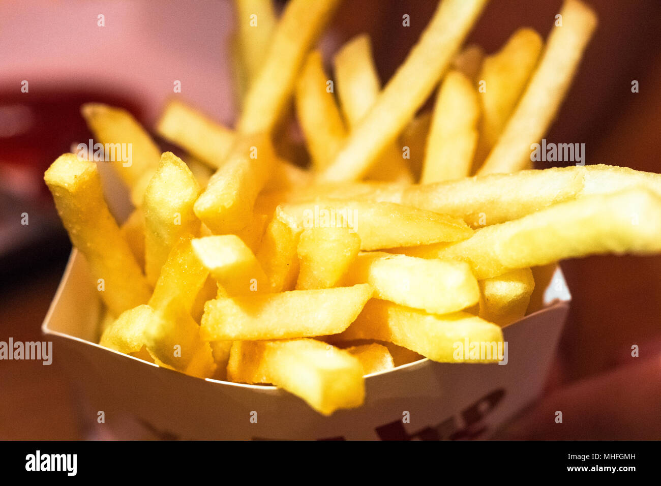 French fries in white box. Cost up Stock Photo