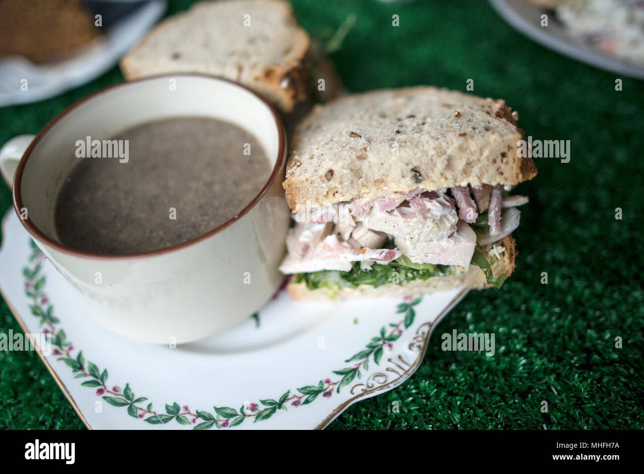 Rustic Mushroom Soup and Chicken Sandiwch Stock Photo