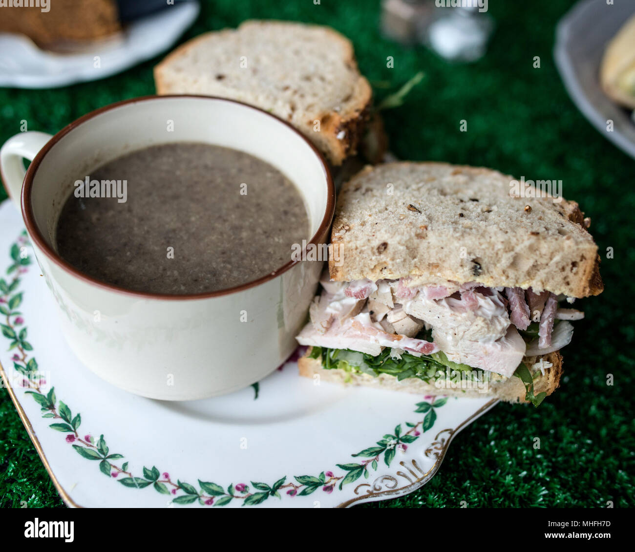 Rustic Mushroom Soup and Chicken Sandiwch Stock Photo
