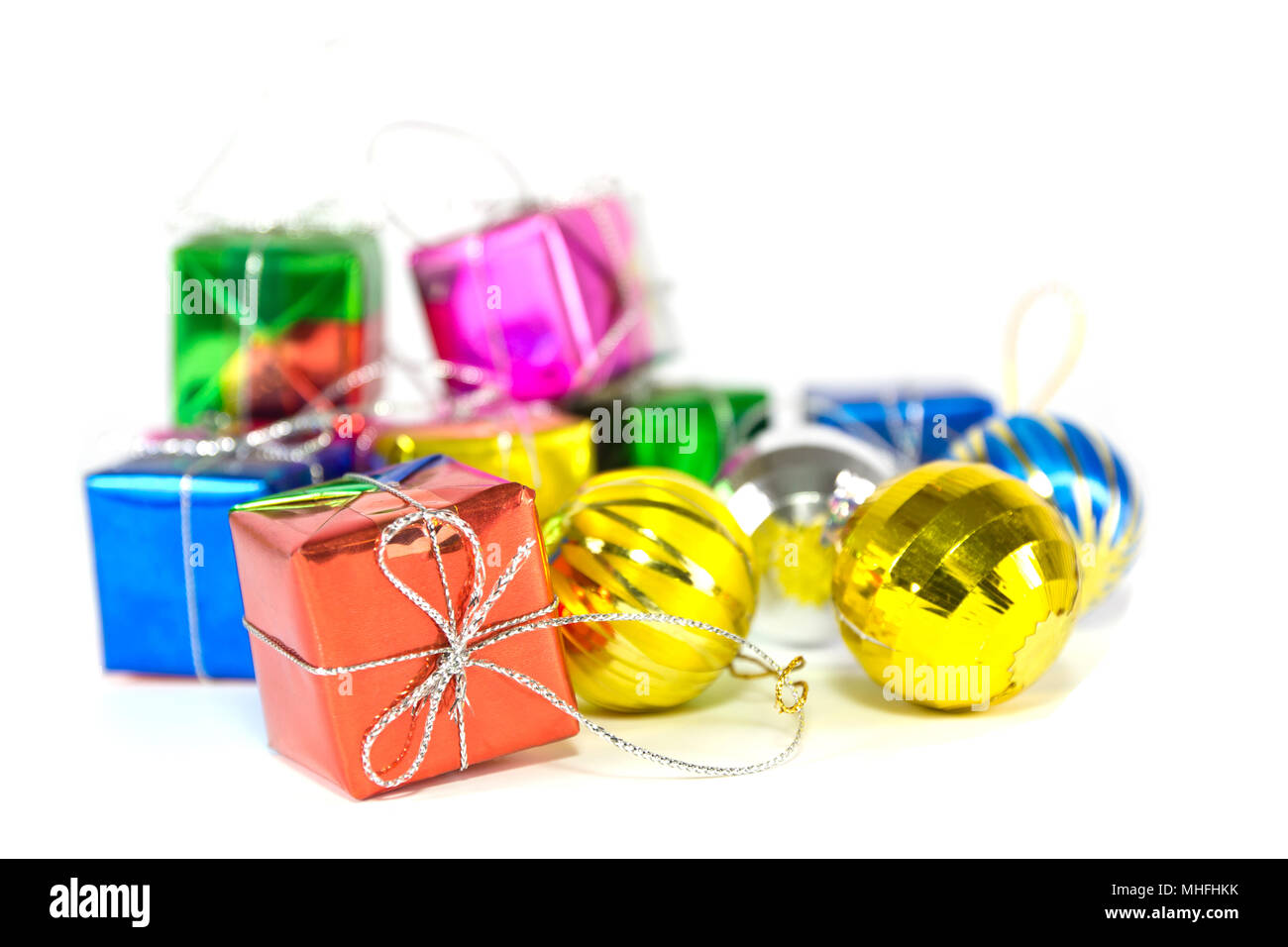 Holiday accessory gift boxes and balls Stock Photo Alamy