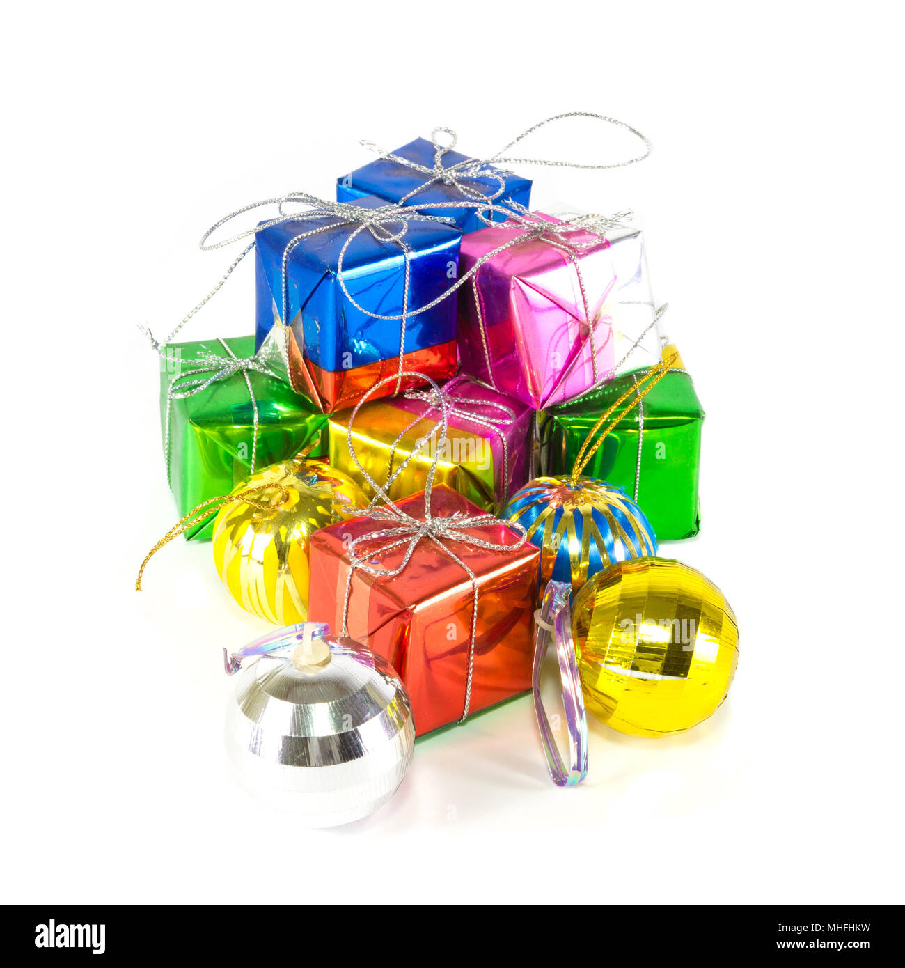 Holiday accessory gift boxes and balls Stock Photo Alamy
