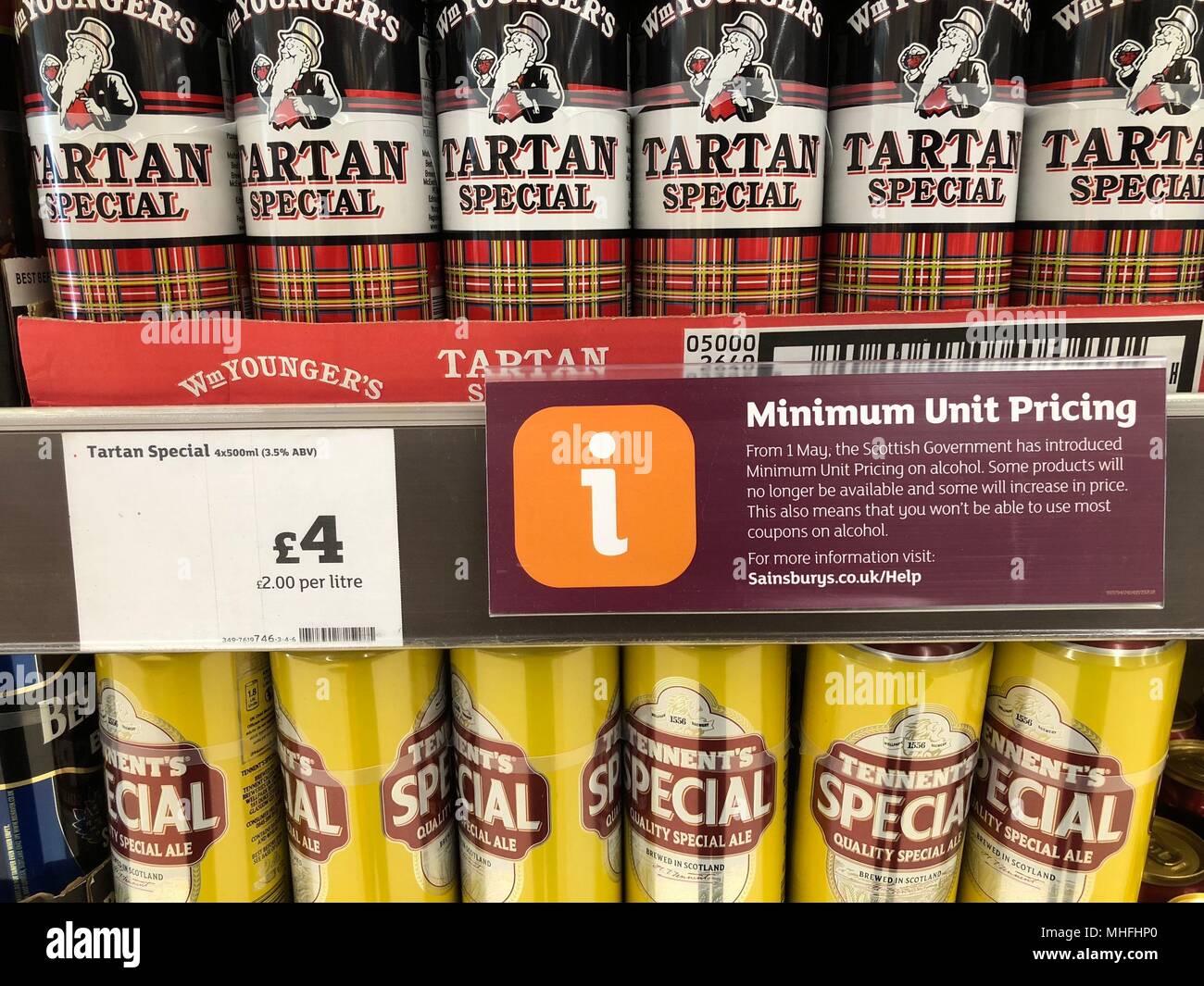 Alcohol for sale in a Stirling supermarket as Scotland has become the first country in the world to introduce minimum unit pricing for drinks. Stock Photo