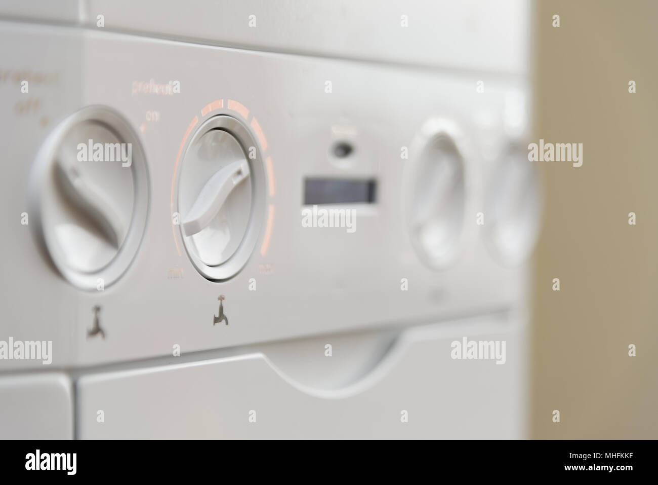 Close up of the controls of a British Combi Gas Boiler Stock Photo Alamy