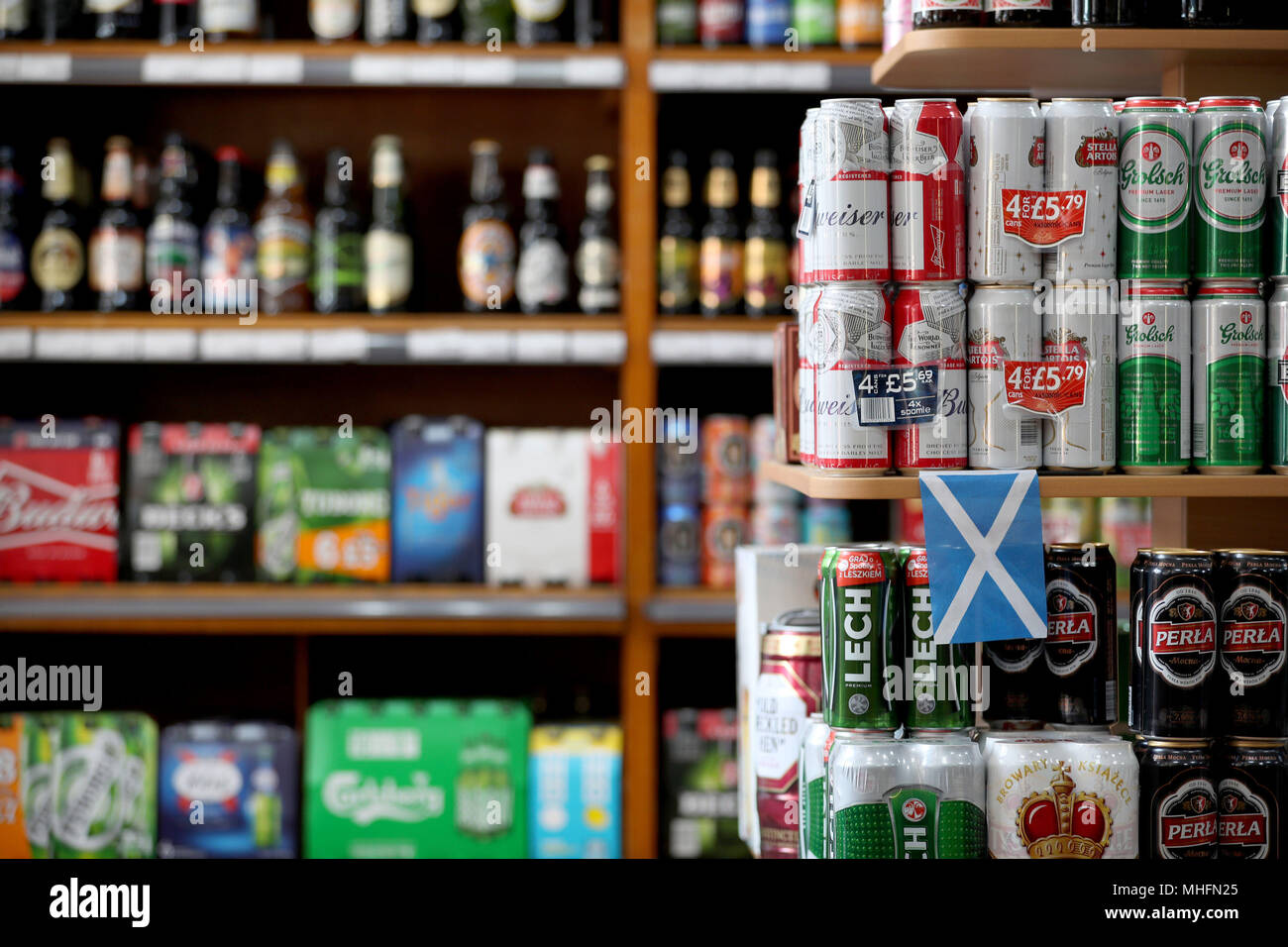 Alcohol for sale in an Edinburgh off-licence as Scotland has become the first country in the world to introduce minimum unit pricing for drinks. Stock Photo