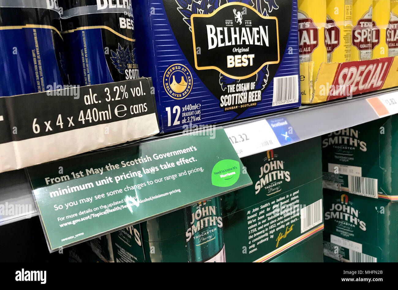 Alcohol for sale in an Edinburgh supermarket as Scotland has become the first country in the world to introduce minimum unit pricing for drinks. Stock Photo