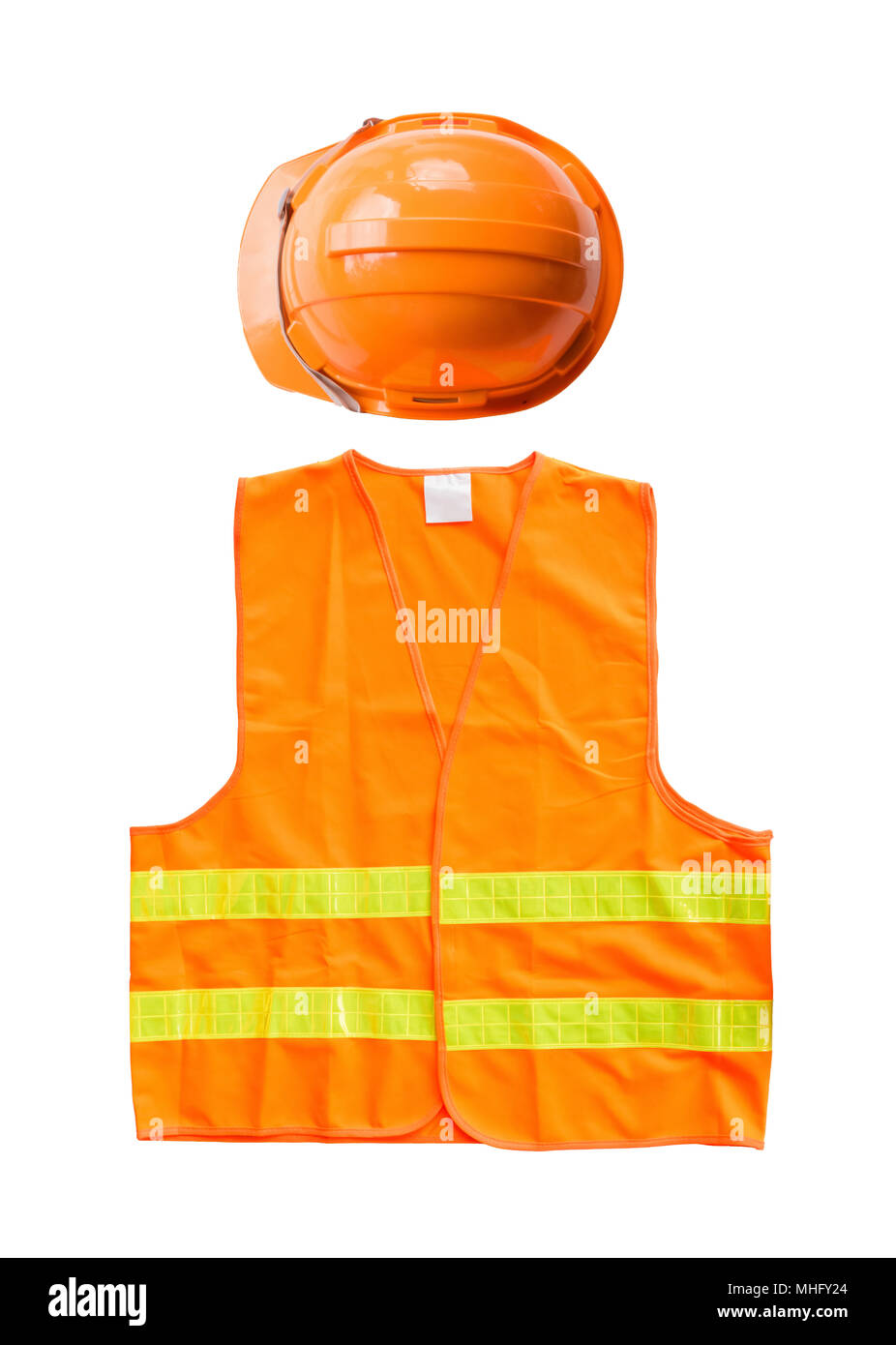Orange vest with hard hat isolated on white background Stock Photo