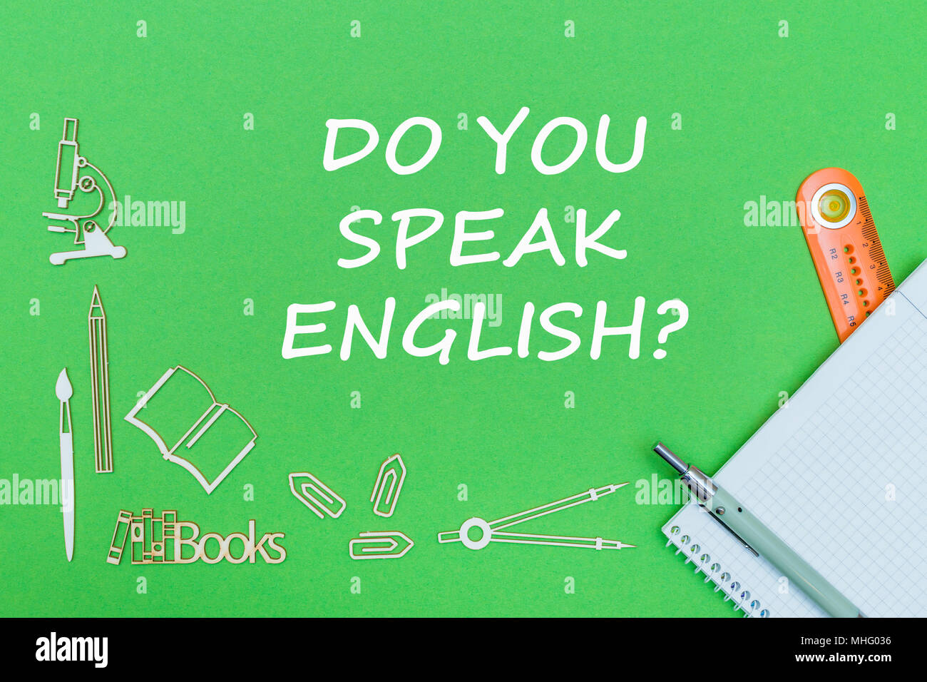 concept school, text do you speak english, school supplies wooden