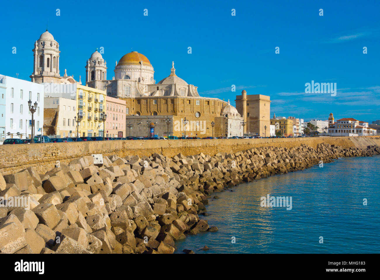 Cathedral and other buildings, on Avenue Campo del Sur, Cadiz, Andalucia, Spain Stock Photo