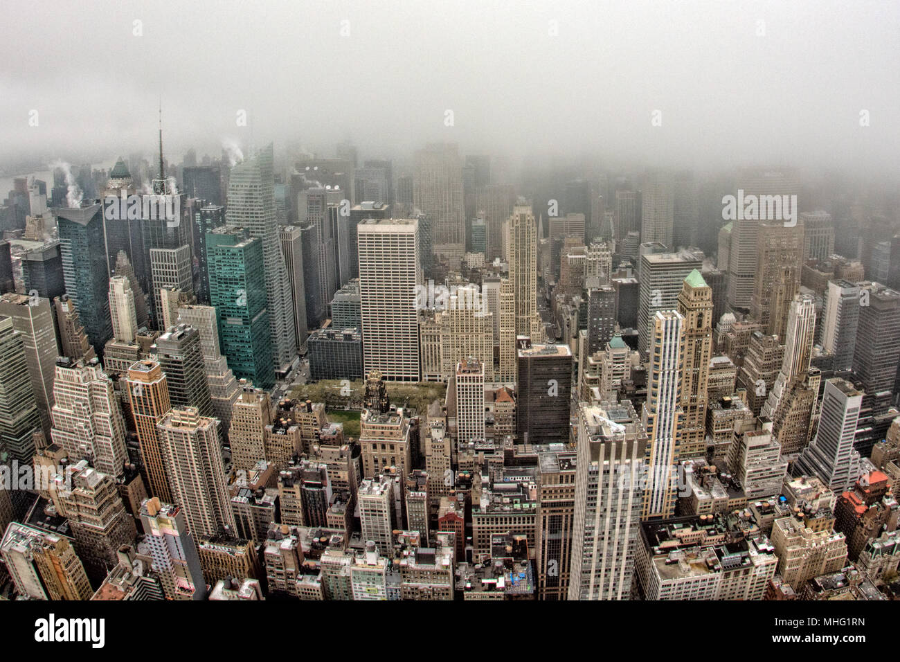 manhattan new york city streets aerial view on foggy day Stock Photo ...