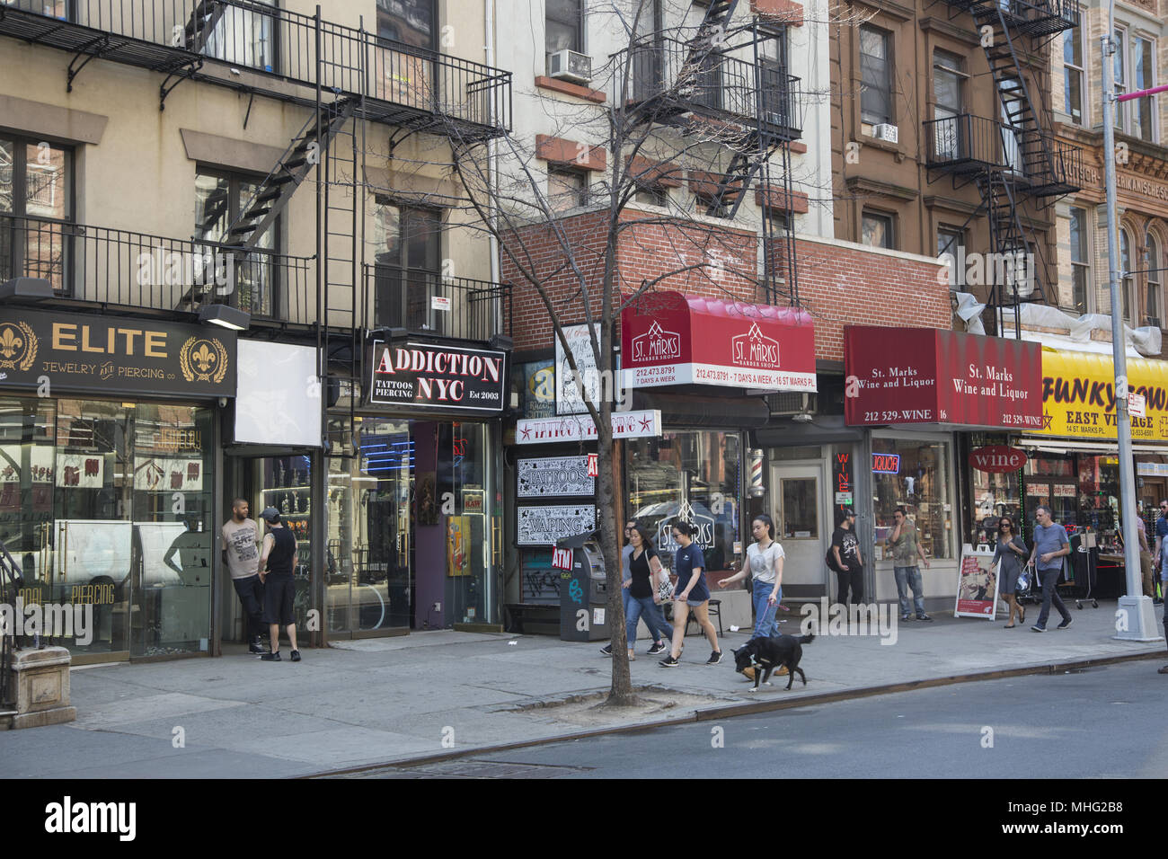 Storefronts along St. Mark's Place in the East Village (Greenich Village) in Manhattan, New York City. Stock Photo