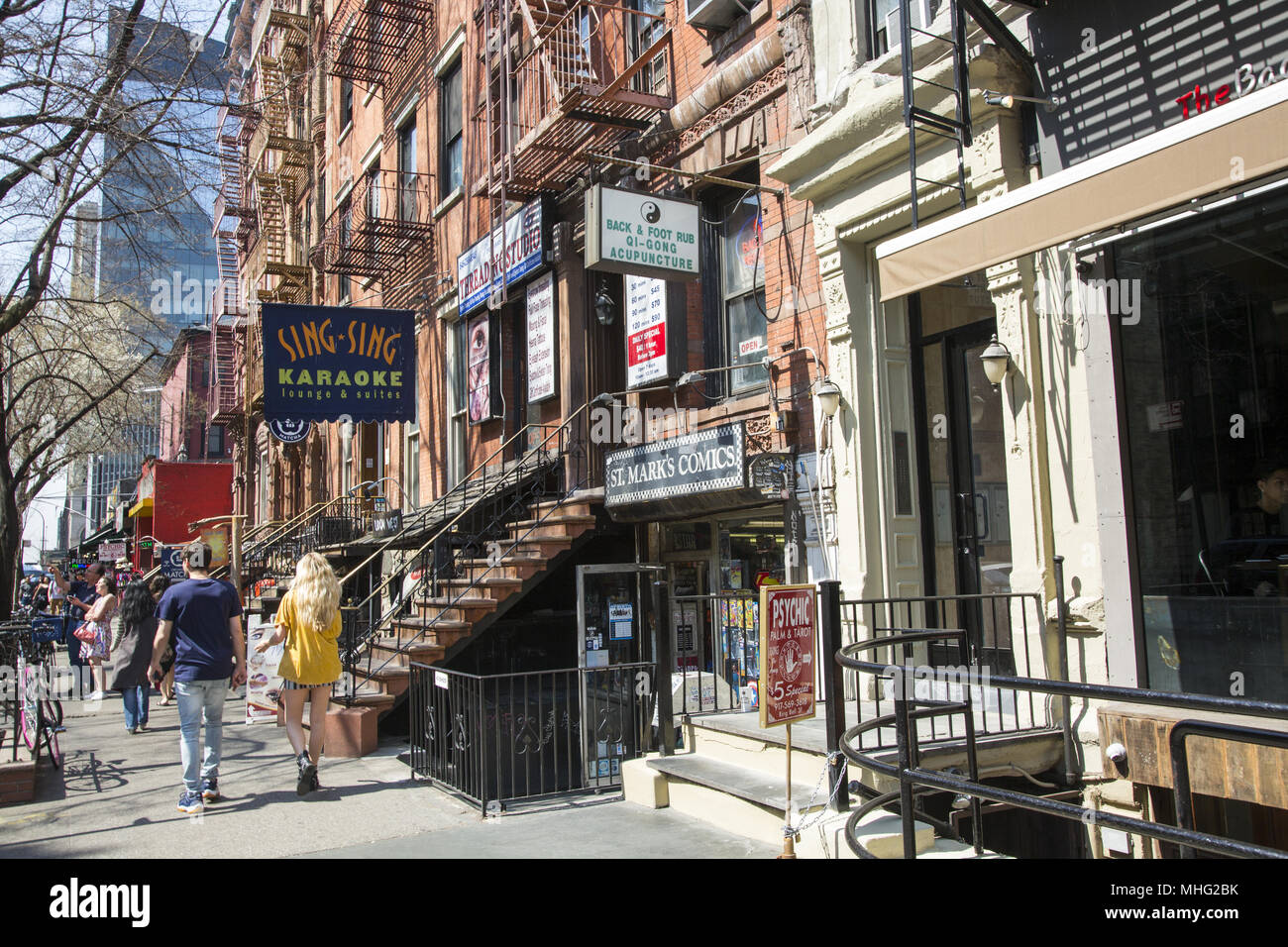 Storefronts along St. Mark's Place in the East Village (Greenich Village) in Manhattan, New York City. Stock Photo