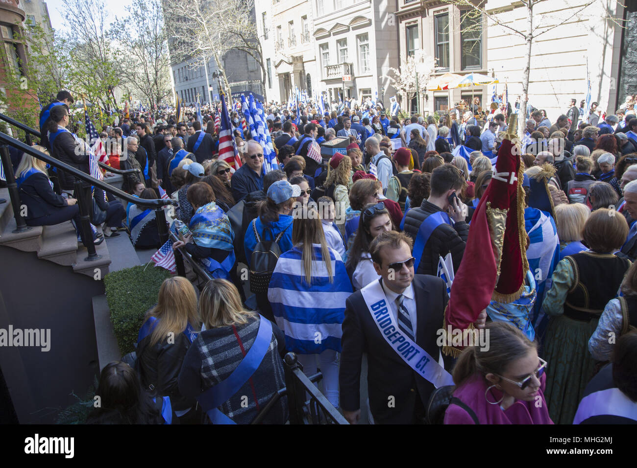 Greek Independence Day Parade in New York City. Crowds of Greek Americans wait to march in the parade. Stock Photo