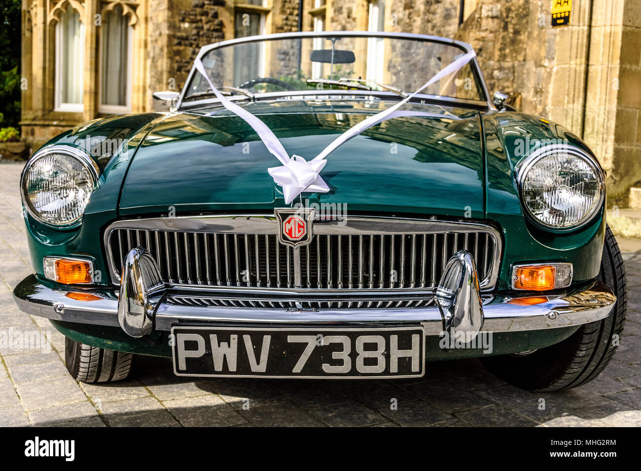 Green MGB Roadster wedding car with a white ribbon and bow Stock Photo