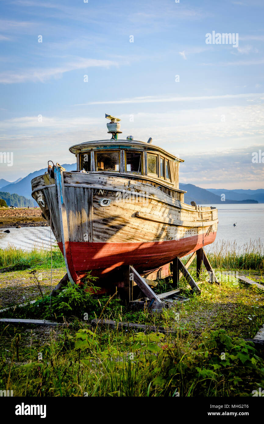 Old fishing boat out of the water at icy strait point Alaska