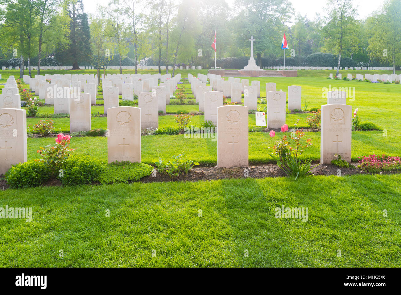 HOLTEN, NETHERLANDS - APRIL 29, 2018: Well maintained graves of fallen canadian soldiers during WW2 on the canadian war cemetary Stock Photo