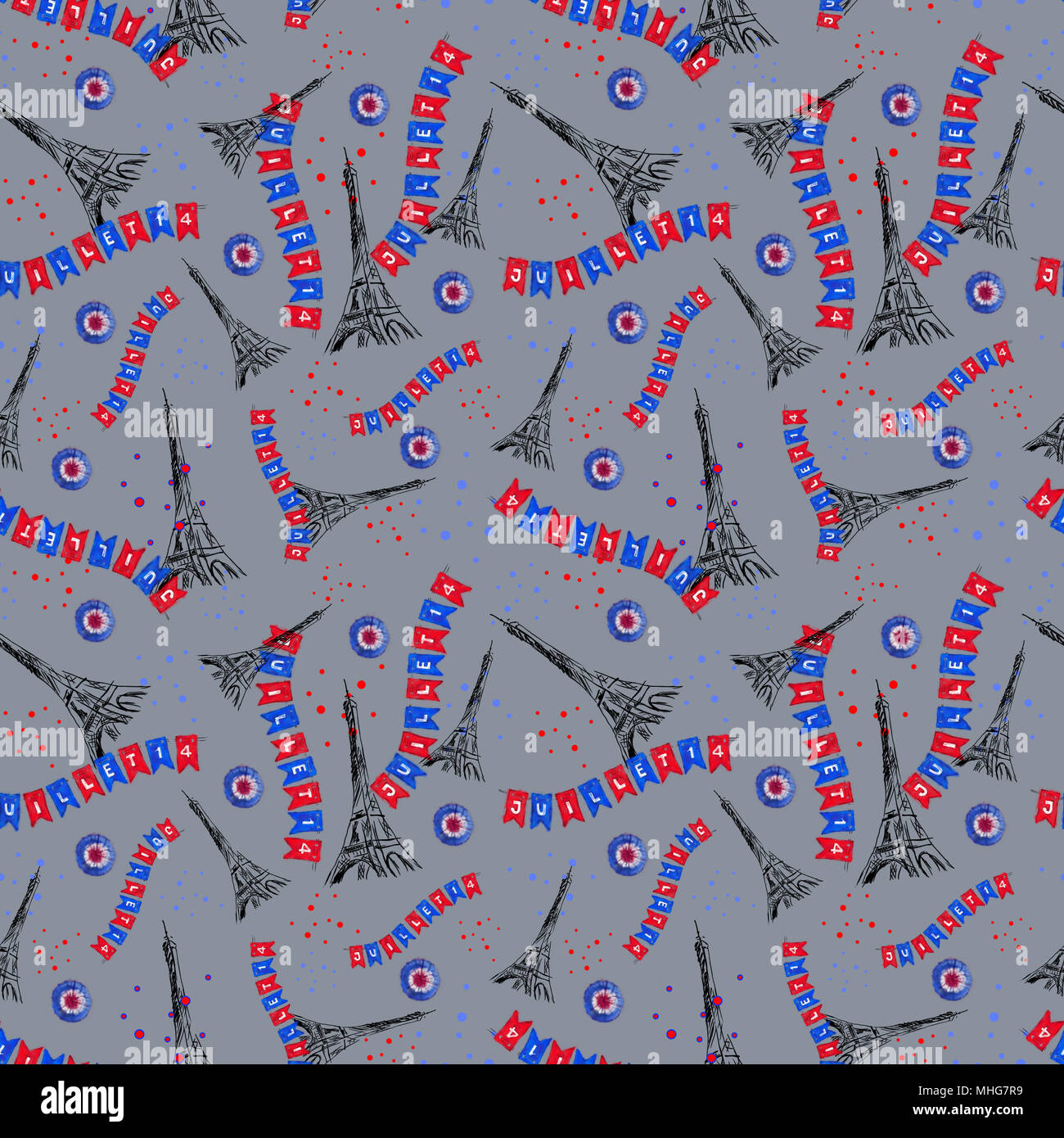 Eiffel Tower, confetti,Cockade, and Flags Seamless Pattern on Grey Background. Bastille Day Celebration Rapport for Background, Print, and Textile. Stock Photo
