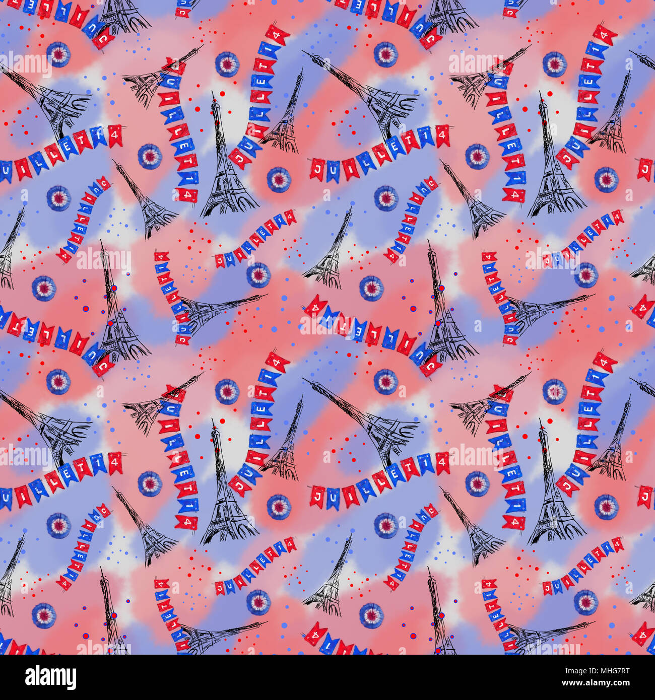 Bastille Day Seamless Pattern on Patriotic Colors Background. Eiffel Tower, Street Flags decoration, Confetti, and Cockade Seamless Rapport for Print. Stock Photo