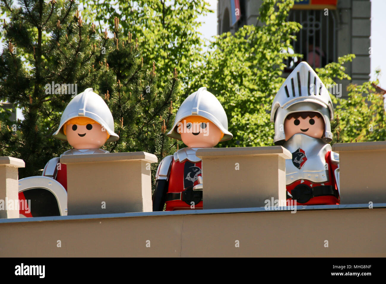 Zirndorf, Germany - April 29, 2018: View of three oversized Playmobil  knights guarding a castle in the Playmobil Funpark in Zirndorf near  Nuremberg Stock Photo - Alamy
