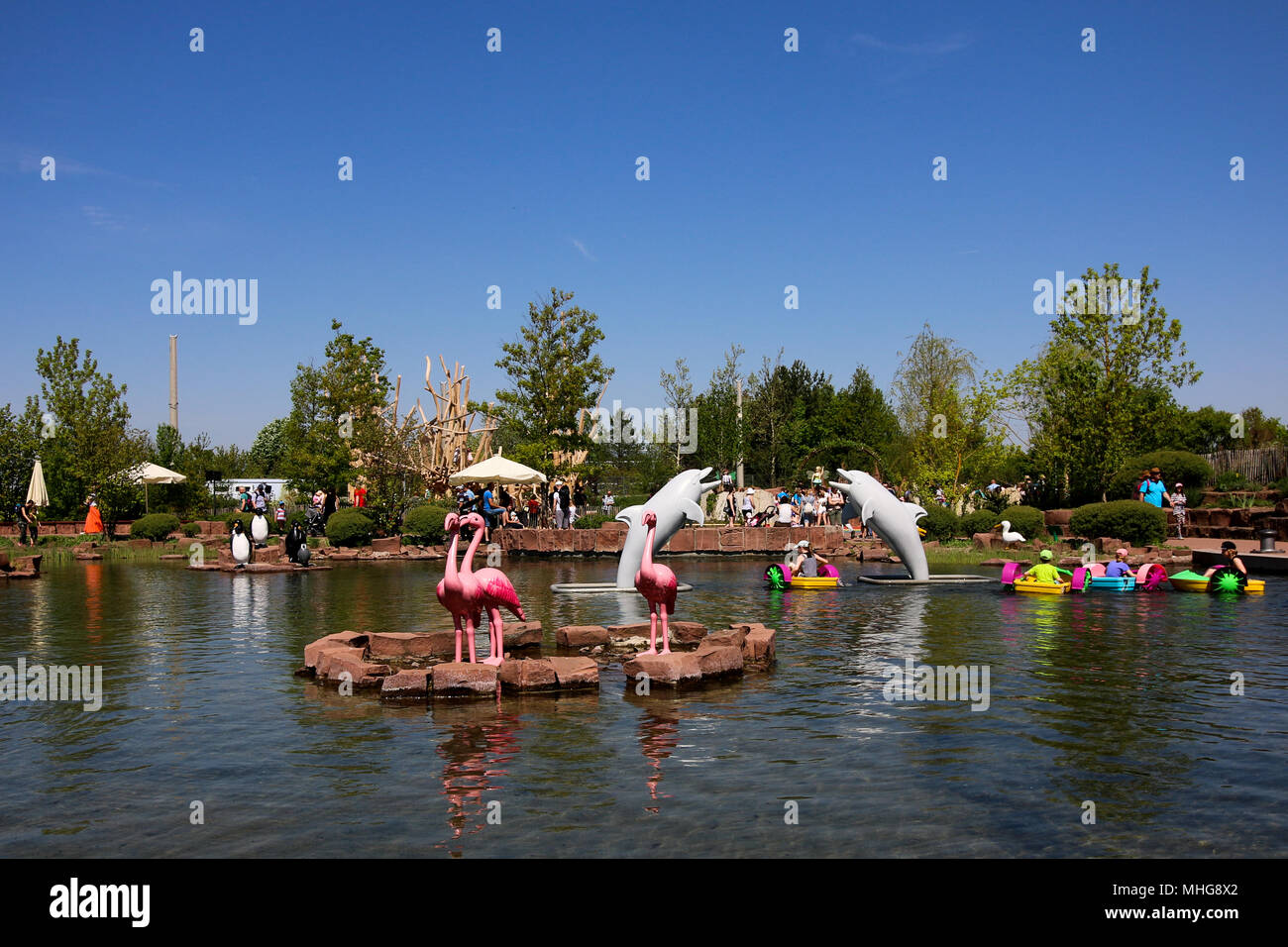 Zirndorf, Germany - April 29, 2018: View of a small lake in the Playmobil  Funpark Zirndorf. Children can paddleboat and enjoy dolphins and flamingos  m Stock Photo - Alamy