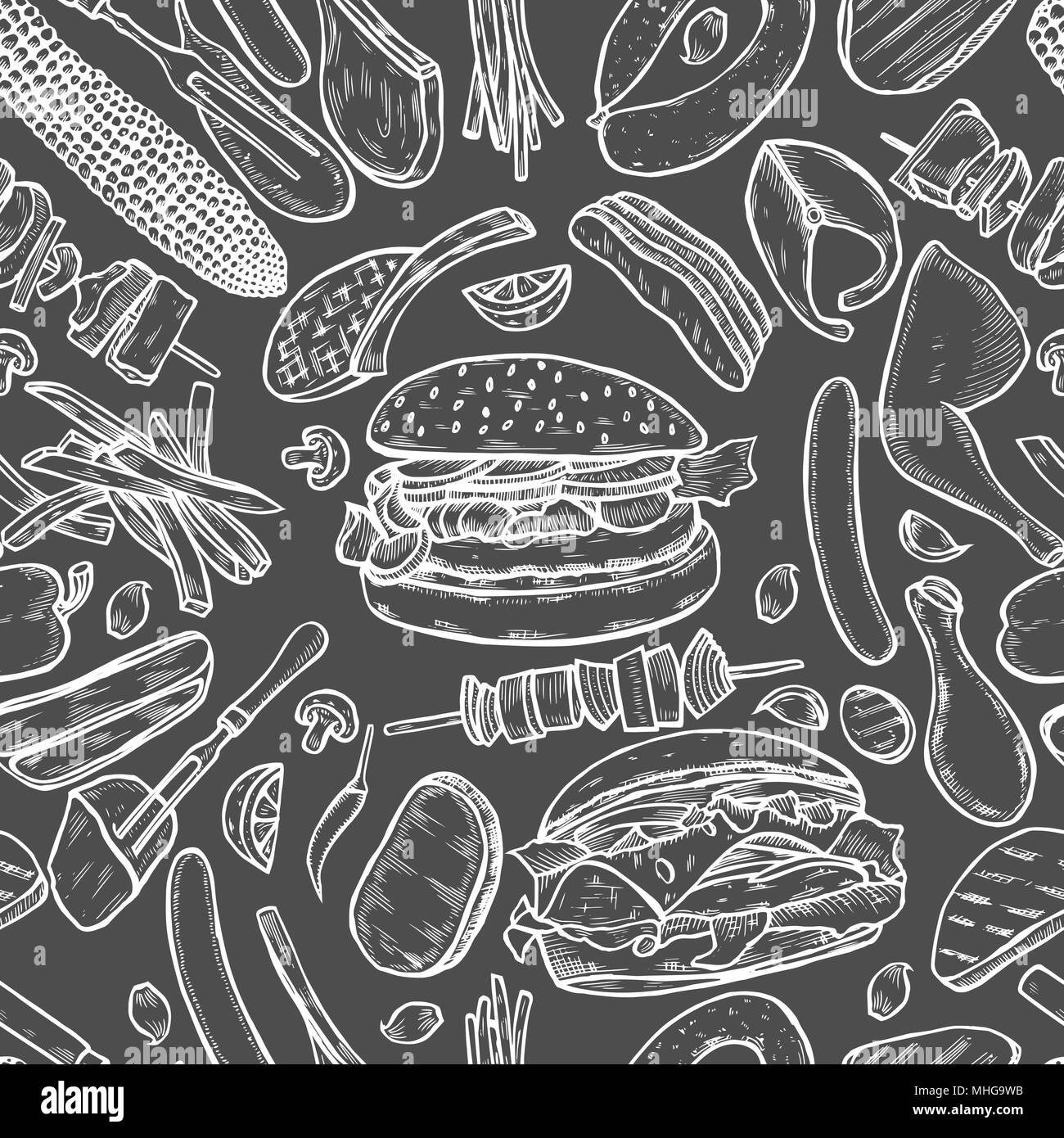 Vintage monochrome vector engraving Seamless pattern barbecue grill. Top view with charcoal, mushroom, tomato, pepper, sausage, lemon, kebab, fish and Stock Vector
