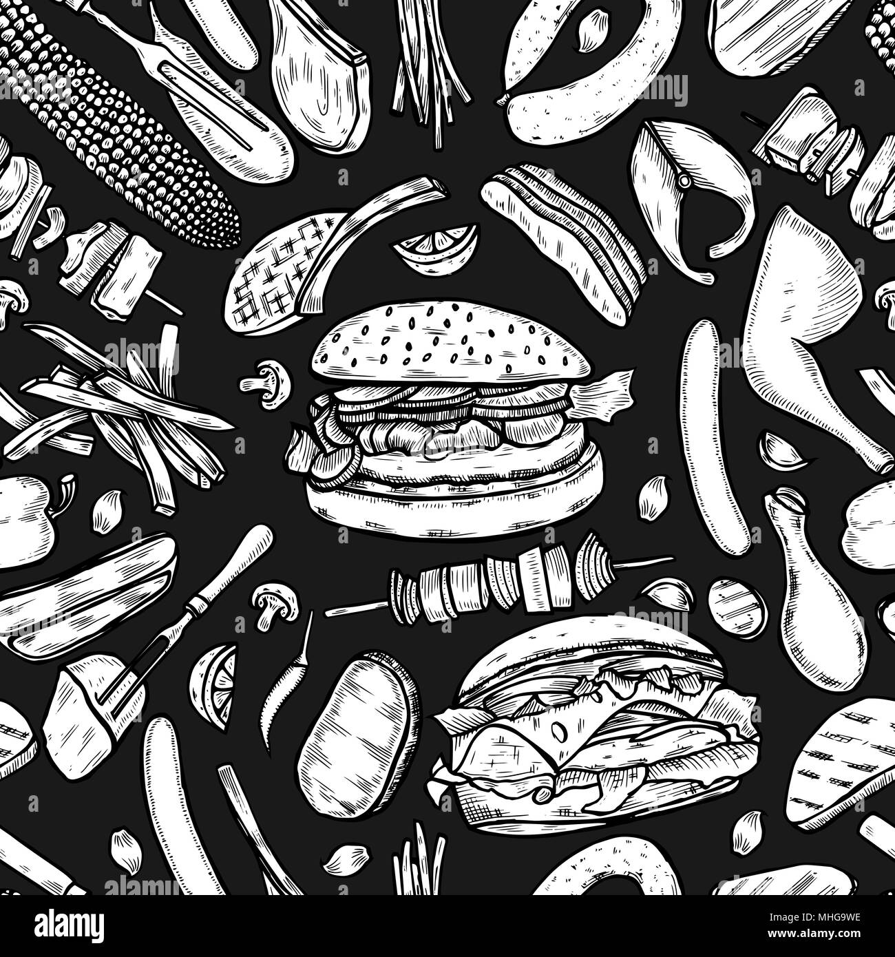 Vintage monochrome vector engraving Seamless pattern barbecue grill. Top view with charcoal, mushroom, tomato, pepper, sausage, lemon, kebab, fish and Stock Vector