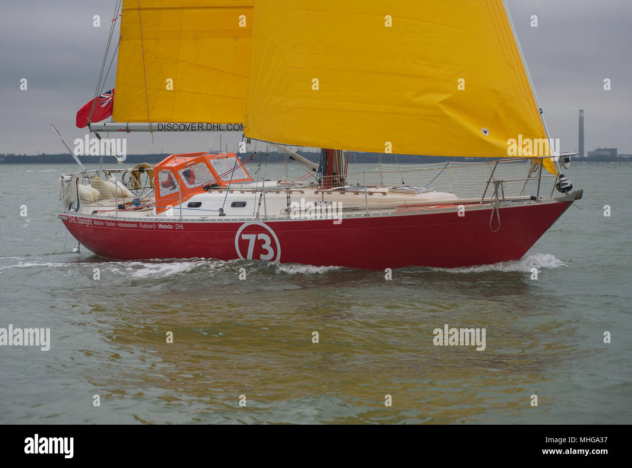 Susie Goodall sailing on her yacht DHL Starlight on the Solent, prior to sailing around the