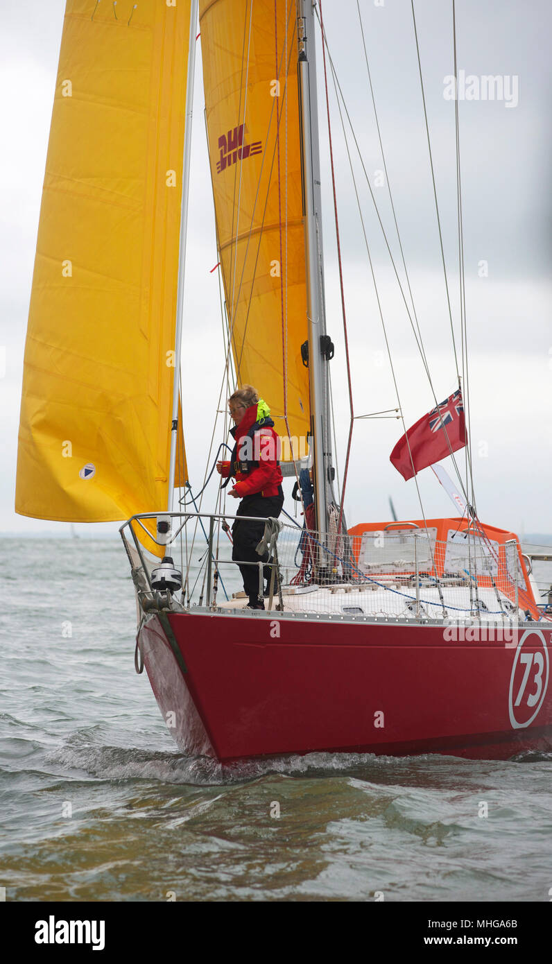 Susie Goodall sailing on her yacht DHL Starlight on the Solent, prior