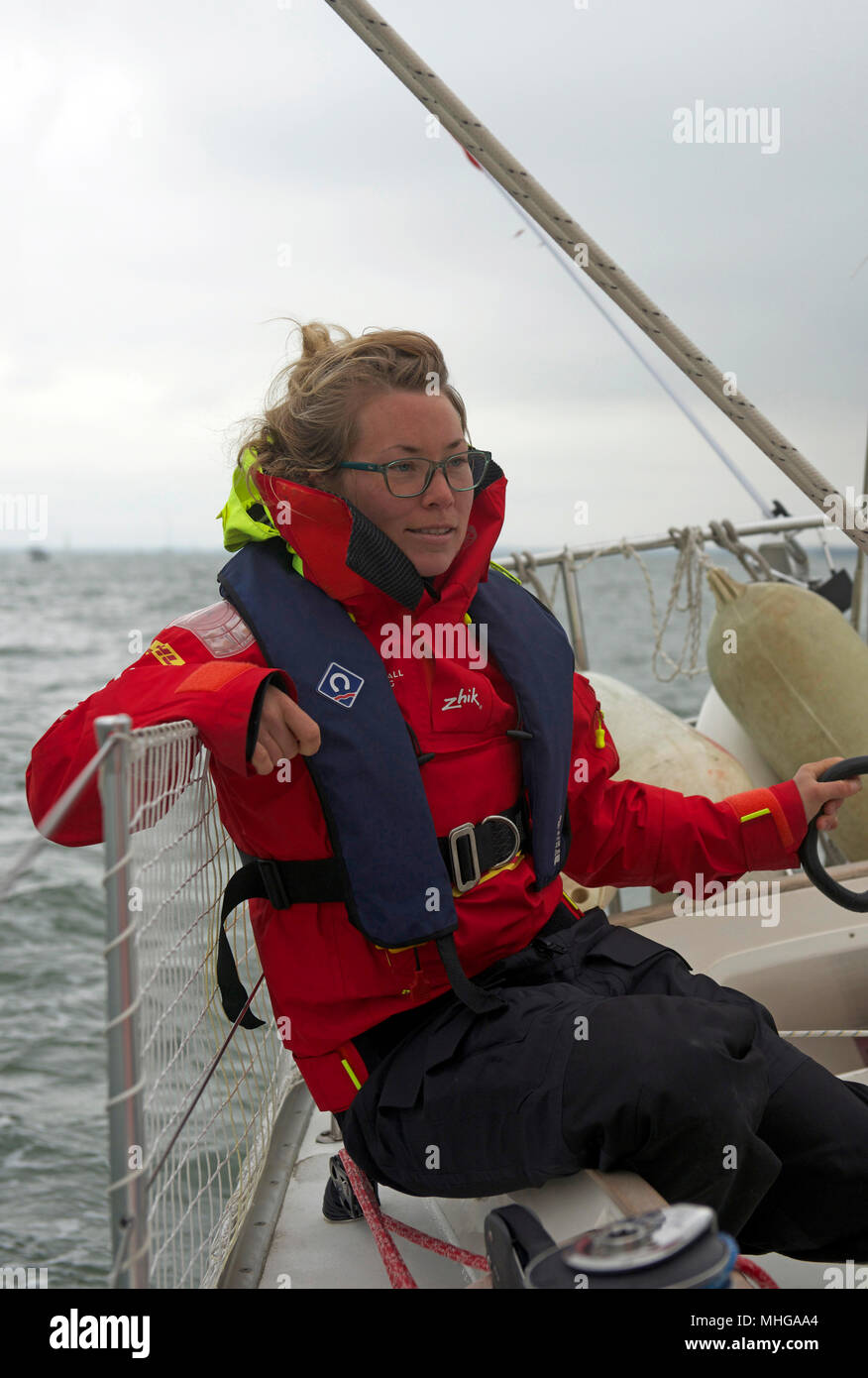 Susie Goodall sailing on her yacht DHL Starlight on the Solent, prior