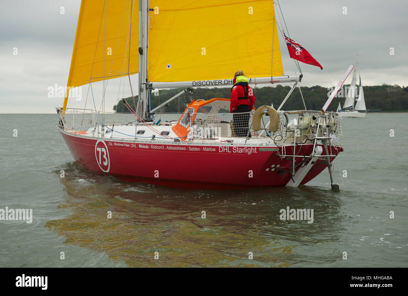 Susie Goodall sailing on her yacht DHL Starlight on the Solent, prior