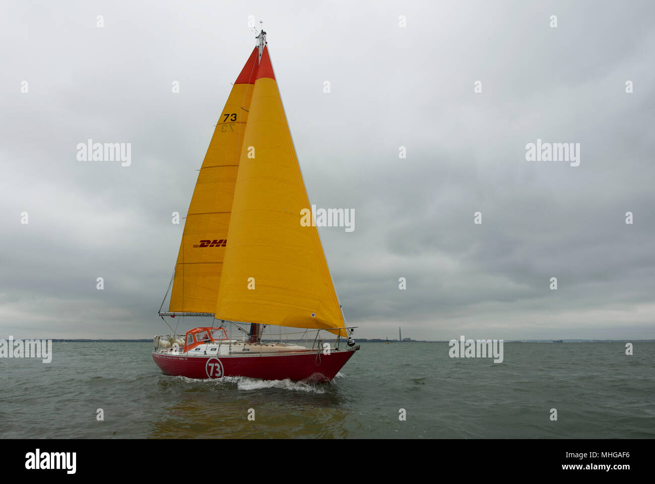 Susie Goodall sailing on her yacht DHL Starlight on the Solent, prior
