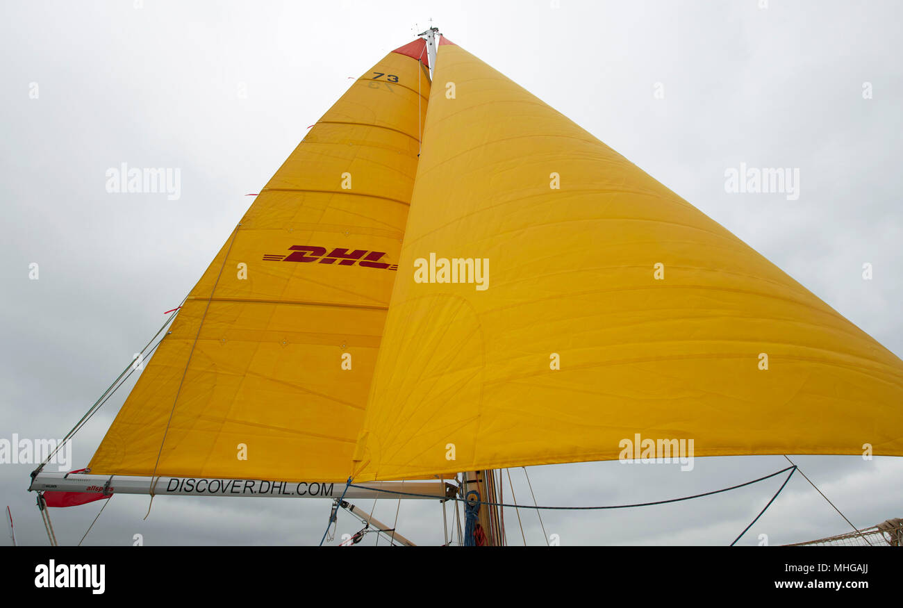 Susie Goodall sailing on her yacht DHL Starlight on the Solent, prior