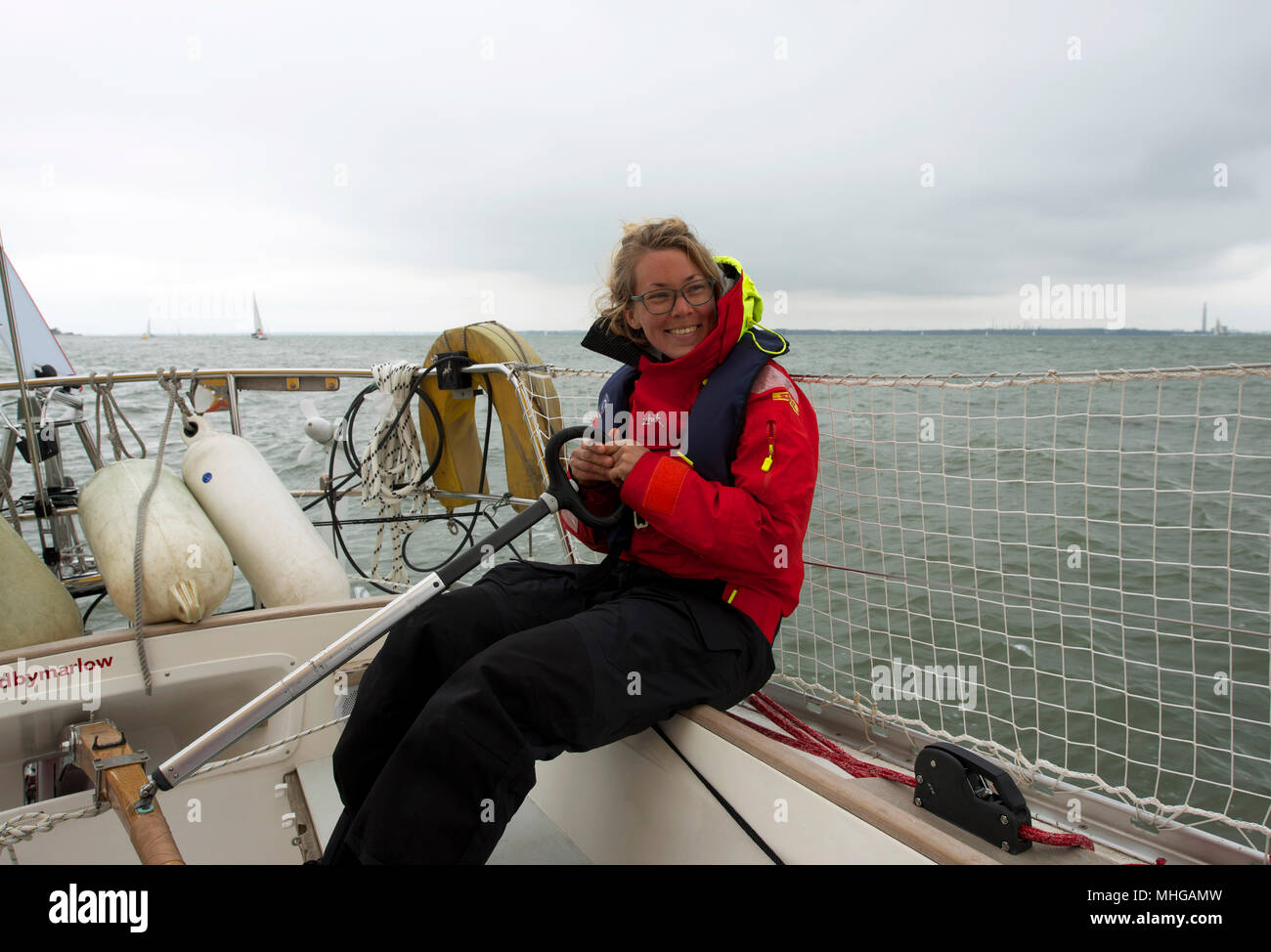 Susie Goodall sailing on her yacht DHL Starlight on the Solent, prior