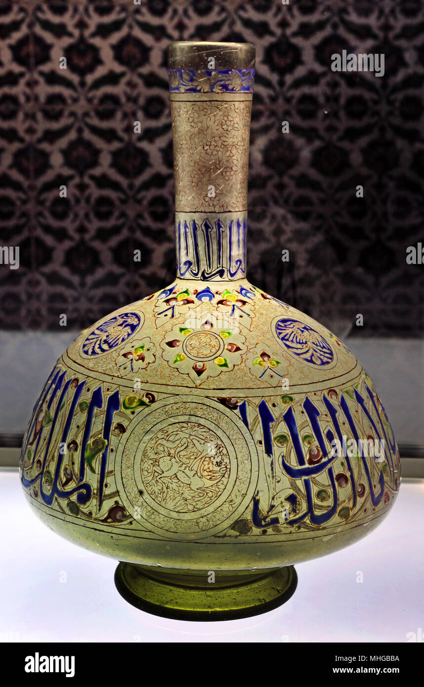 Bottle 14th Century Mamluk period ( gilded and enamelled glas Egypt , Egyptian, ( or Syria - Syrian ) Stock Photo